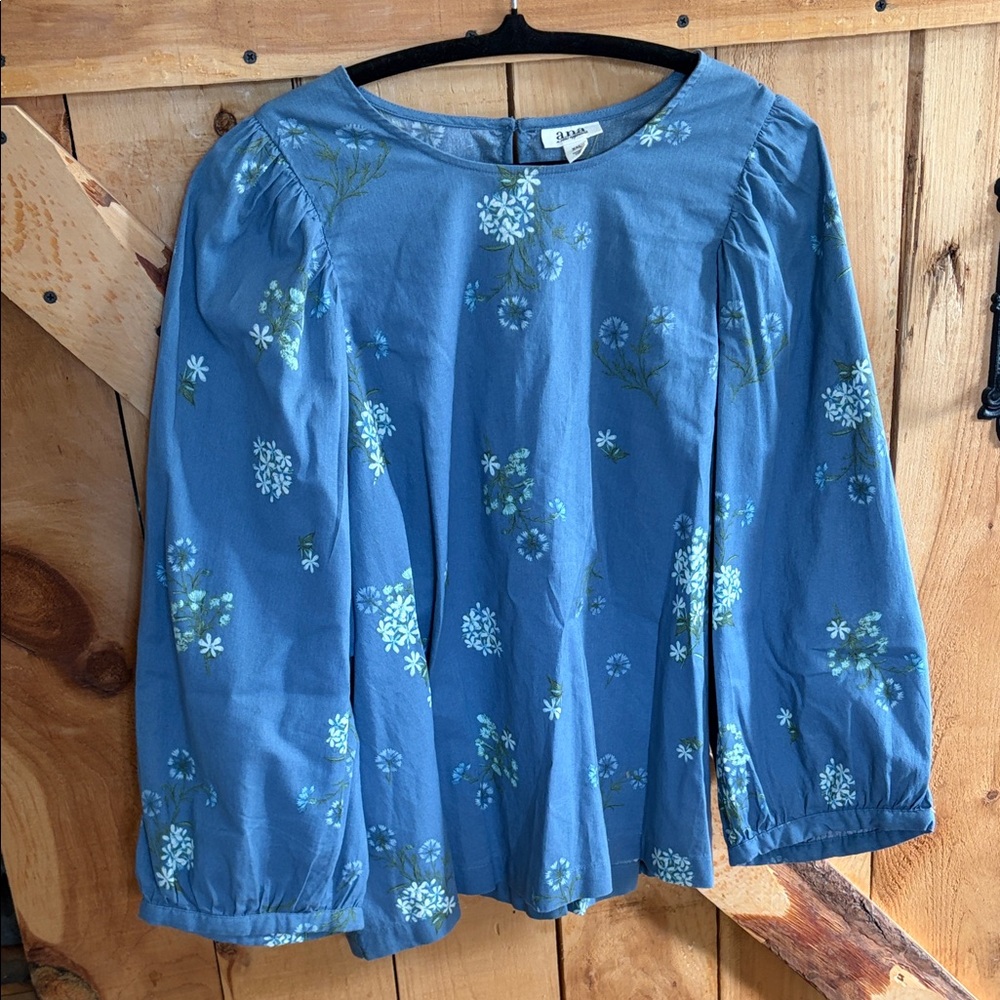 a.n.a Blue Floral Cotton Puff-Sleeve Blouse